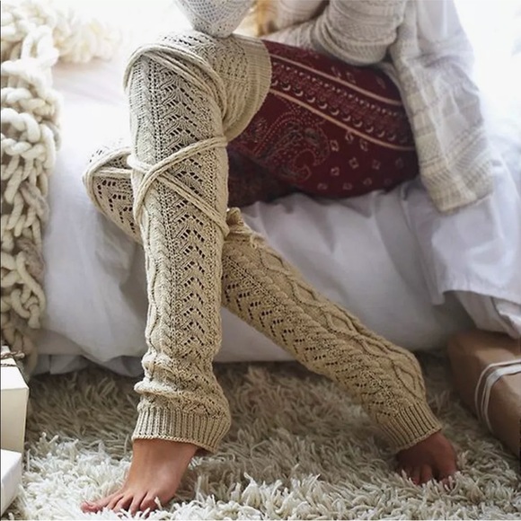 Nude cable knit tie sweater sock leg warmers thigh boot otk sexy lounge winter